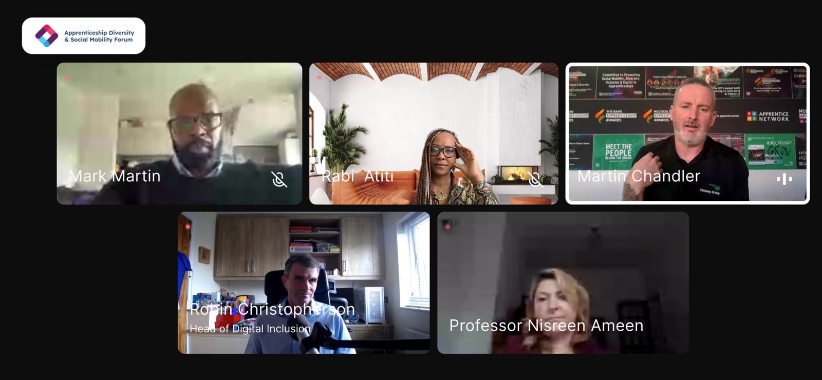 Panel screenshot from the Inclusion in the Age of AI Forum featuring Mark Martin, Rabi Atiti, Martin Chandler, Robin Christopherson and Professor Nisreen Ameen
